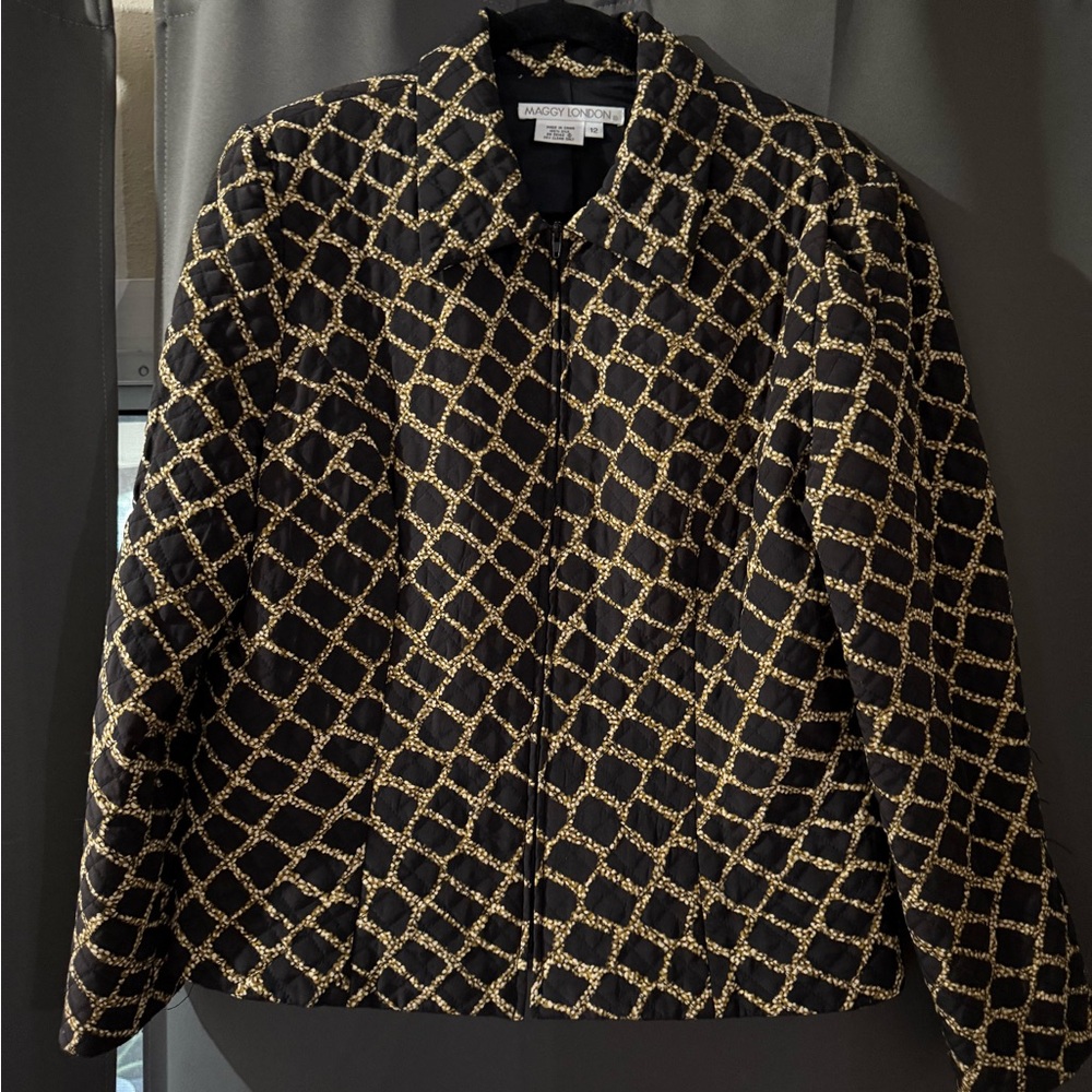 Vintage Maggy London 100% silk quilted zip jacket black, and gold